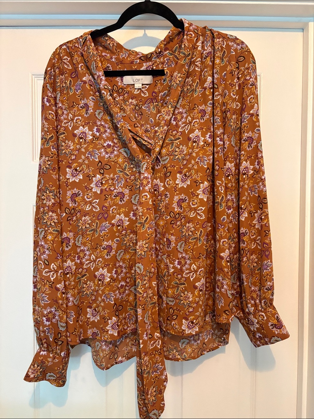 LOFT Rust Floral Tie-Neck Blouse with Purple and Cream Accents